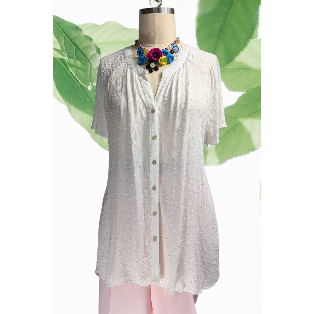 Rose & Olive Sz 2X White Swiss Dot Smocked Neck Button Front Long Tunic Blouse